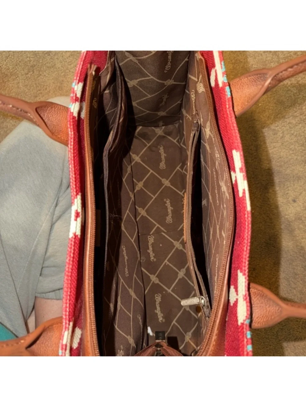 Wrangler Red Aztec Pattern Tote with Brown Leather Handles - Picture 3 of 3